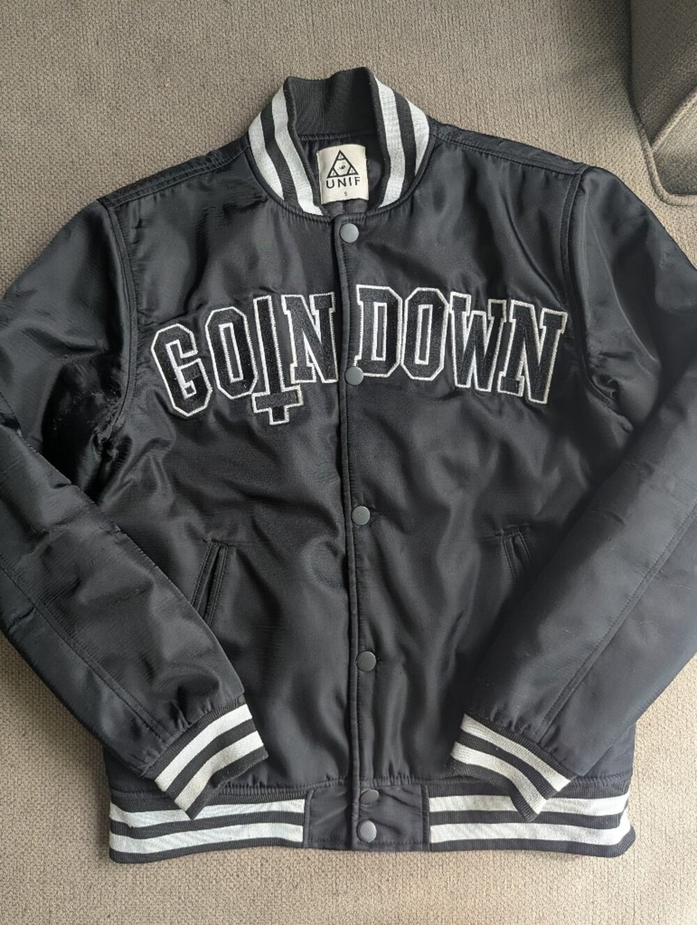 UNIF Black 'GOIN DOWN' Varsity Bomber Jacket Goth Indie Sleeze VGUC